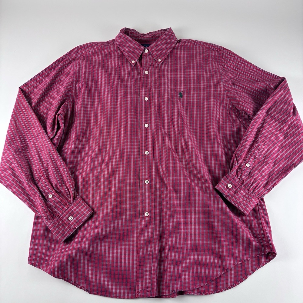 Ralph Lauren Button Down Shirt Mens XL Red Cotton Plaid Long‎ Sleeve Collared